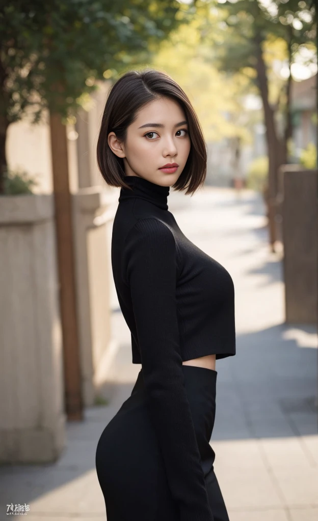 (colored picture), Photo realistic of beautiful asian、slender abs, (Highlight Haircutreast B Cup:1.2), medium breast, round shape breast, perfect shape breast,(( black Turtleneck )),((wearing biker jacket and biker suits, deep neck line)), As she confidently posing for camera, , the background is a blur of motion and ((bokeh)), with light streaming from right to left. a sense of connection to the viewer, full body, Black pencil skirt, short hair, big breast