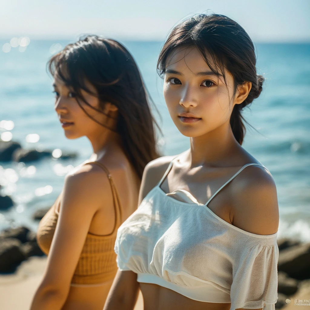 A hyper-realistic image of a single Japanese woman in her early 20s, captured with the nostalgic warmth and pronounced graininess of a film camera, showing her from the shoulders up as she stands on a sunlit beach. Her skin has a warm beige tone with a natural, visibly rough texture that includes pronounced pores, fine lines, and subtle imperfections such as small blemishes, slight unevenness, and a hint of sun exposure, contributing to the authenticity of her appearance. The texture of her skin is intentionally less smooth, with a tangible roughness that enhances the realism, making the surface appear slightly weathered by the elements. The soft, diffused natural light illuminates her face and shoulders with a gentle touch, casting shadows that subtly reveal the unevenness of her skin. Her straight, glossy black hair flows naturally in the ocean breeze, framing her face, and her deep brown eyes reflect the soft sunlight and the shimmering sea. The film camera effect amplifies the grain and texture, creating a warm, nostalgic atmosphere while maintaining the deliberately rougher, less polished texture of her skin. The composition, focused on her upper body, captures the serene elegance of the beach setting, highlighting the natural interaction of light and shadow on her skin. This combination of a rough, realistic skin texture, soft natural light, and the grainy film-like qualities ensures that the image presents an authentic, lifelike portrayal of the woman, centered on her face and shoulders.
