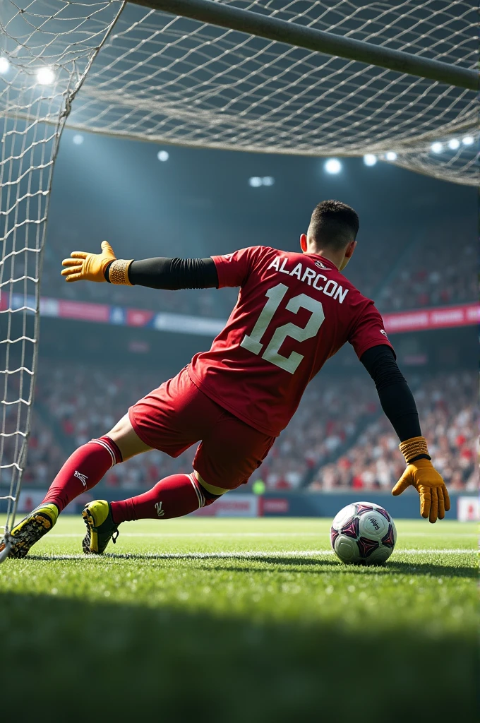 Soccer goalkeeper blocking a goal that says behind the name Alarcón number 12