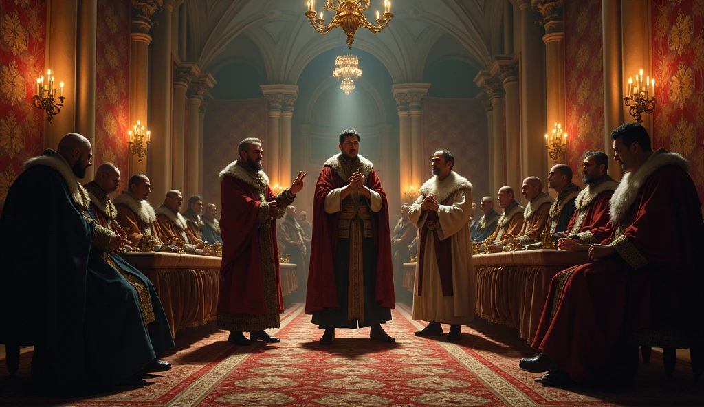 A dramatic illustration capturing the tense moment when Edward III's envoys present their demands at the French court. The scene is set in a grand, dimly lit hall, with intricate Gothic architecture and flickering torches casting long shadows. Edward III's emissaries, in ornate medieval attire, stand at the center, holding documents and gesturing emphatically. Opposite them, King Philip VI and his counsel are seated on an elevated dais, their expressions a mix of skepticism and irritation. The backdrop features richly detailed tapestries and a heavy atmosphere of intrigue. The lighting enhances the contrast between the resolute emissaries and the skeptical French court, reflecting the escalating tension of the diplomatic confrontation. This composition, inspired by Edmund Blair Leighton’s evocative style, emphasizes the gravity and drama of the negotiation, capturing the essence of the looming conflict., Surrealism, Hyperrealism, UHD, retina, masterpiece, accurate, anatomically correct, textured skin, super detail, 16k