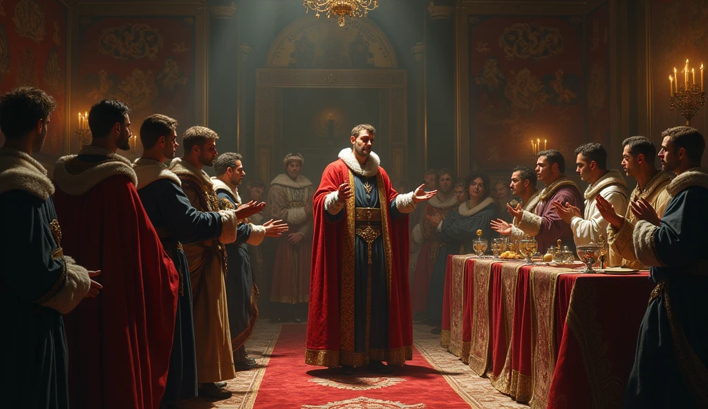 A dramatic illustration capturing the tense moment when Edward III's envoys present their demands at the French court. The scene is set in a grand, dimly lit hall, with intricate Gothic architecture and flickering torches casting long shadows. Edward III's emissaries, in ornate medieval attire, stand at the center, holding documents and gesturing emphatically. Opposite them, King Philip VI and his counsel are seated on an elevated dais, their expressions a mix of skepticism and irritation. The backdrop features richly detailed tapestries and a heavy atmosphere of intrigue. The lighting enhances the contrast between the resolute emissaries and the skeptical French court, reflecting the escalating tension of the diplomatic confrontation. This composition, inspired by Edmund Blair Leighton’s evocative style, emphasizes the gravity and drama of the negotiation, capturing the essence of the looming conflict., Surrealism, Hyperrealism, UHD, retina, masterpiece, accurate, anatomically correct, textured skin, super detail, 16k