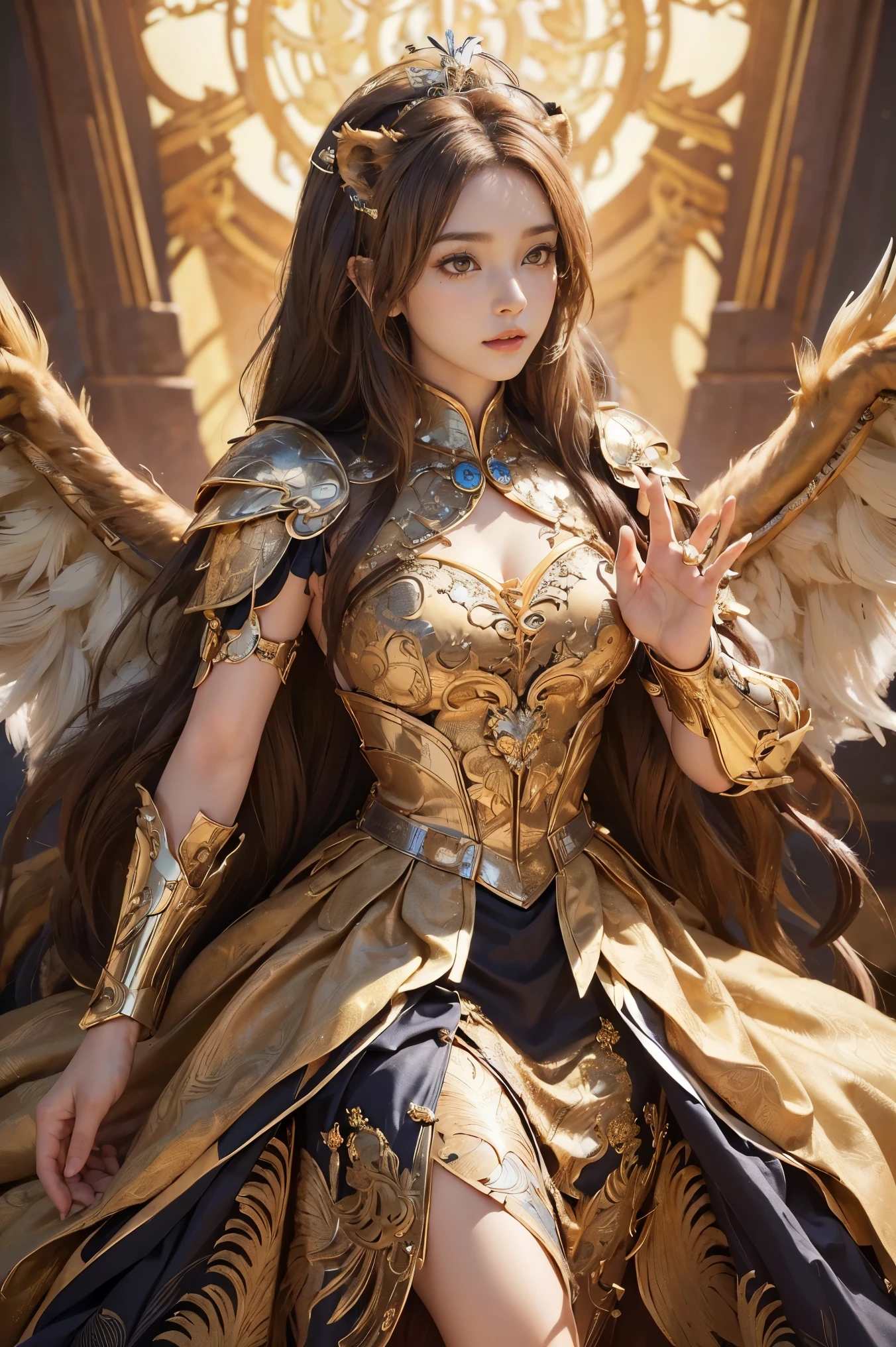 (Looking at this in an absurd way, high quality、32K , Highly detailed skin、Giant Wings、A fusion costume of gorgeously patterned dress and armor, beautifully detailed、Cute pose)、(Light Brown Hair)、The Lion Queen、Hair Access、(((Lion&#39;s Ears)))、Tattoo、Queen、(masterpiece, 最high quality, 最high quality, Official Art, Beauty and aesthetics: 1.2), (One person: 1.3)、Moon Background
