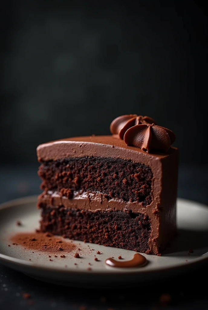 cinematic film still chocolate, chocolate cake, dark background, quality photo, moist texture, frosting, studio photo, slice . shallow depth of field, vignette, highly detailed, high budget, bokeh, cinemascope, moody, epic, gorgeous, film grain, grainy
