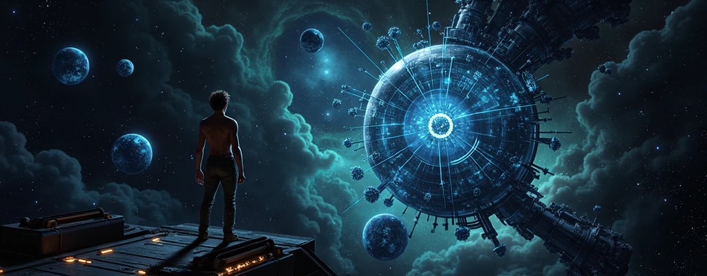 The scene features a large, spherical, translucent structure at the center, resembling a force field or a holographic interface. The sphere is composed of intricate geometric patterns, with floating, atomic-like structures orbiting around it. The background is filled with swirling, nebulous clouds of blue and teal hues, giving a sense of vastness and deep space.
A lone figure, possibly human, stands on a platform in the foreground, facing the sphere. The platform has a technological design, with circuits and glowing elements, adding to the futuristic atmosphere. Other elements of the structure, like machinery or consoles, are visible around the platform, contributing to the sci-fi aesthetic.
The overall mood of the image is mysterious and awe-inspiring, evoking themes of exploration, advanced technology, or cosmic phenomena.