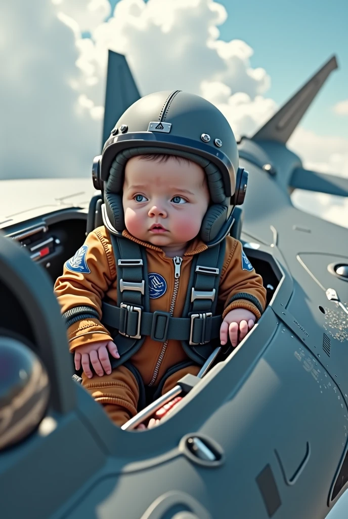 Newborn wearing a fighter pilot suit flying an F-35 jet Full realistic picture as in real life