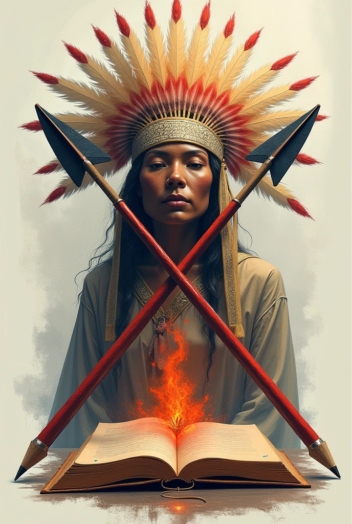 Two arrows with pencil tips crossed with a book in the middle and a large headdress, all in a realistic 2D drawing, plus the larger colored book.