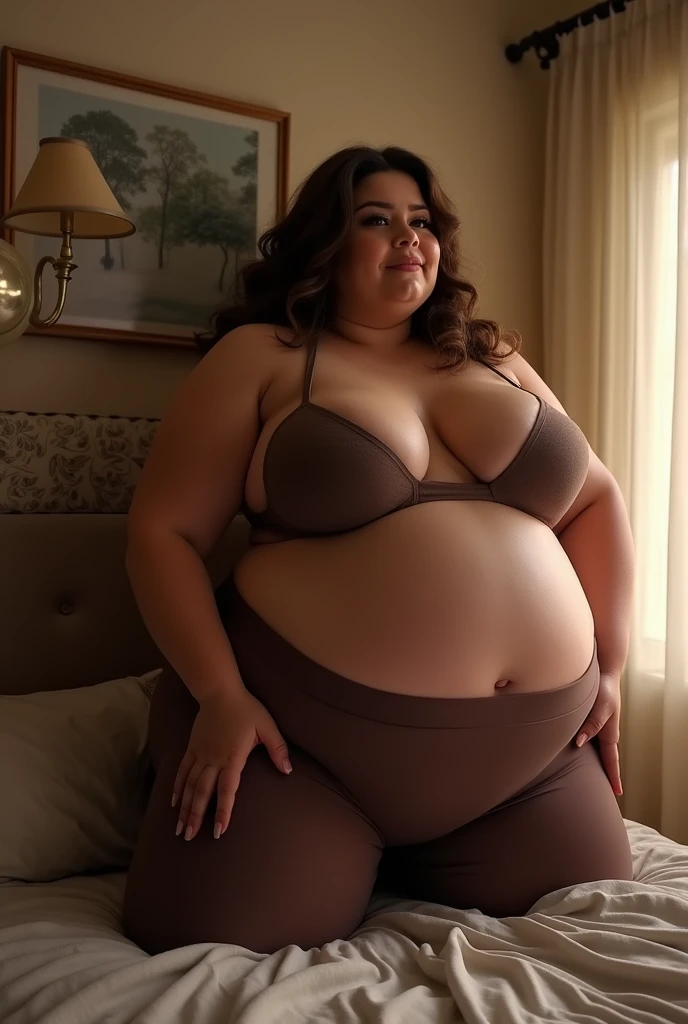 A very pretty and fat woman, long wavy brown hair, blue eyes, sitting on carpeted floor in the corner of a room, sitting in corner, wearing very tight white and black cow print clothes, huge breasts, very large belly, exhausted facial expressions, Patting her belly, very chunky fat thighs, very stuffed belly, very round belly, belly hang, very heavy belly