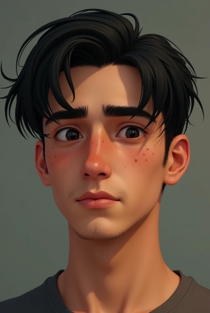 The Latin American man has a young and square face , Her skin is light-toned and shows some acne marks on both cheeks., which are visible but not exaggerated, giving a natural and realistic look to your skin. His jaw is not marked and his chin is not marked either. .His eyes are a dark brown color, a little torn and with a slightly almond shape. The character's gaze is serious and introspective, framed by straight eyebrows, Medium thickness, and well defined. The eyebrows are thick and placed in a way that enhances the intensity of her eyes., giving him a thoughtful expression. The nose is straight and thick , and a slightly rounded tip, harmonizing well with the rest of your facial features. The lips are a little thick and well defined., with a slight natural curvature that gives it a neutral expression, neither smiling nor frowning. The upper lip is slightly thinner than the lower lip.. The hair is completely straight, of a dark black color, and long length. It falls naturally on the forehead, lightly covering the eyebrows, and extends to just above the ears on the sides. The hair has a fine texture and a natural shine., and this hairstyle is like a book.