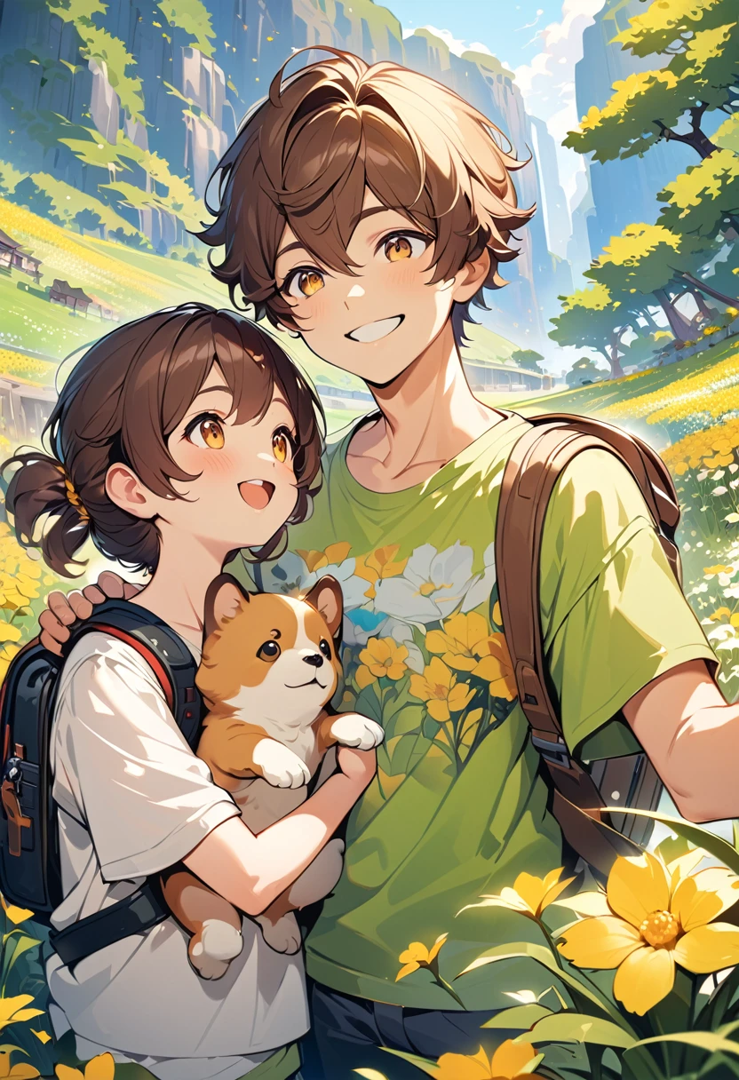 ((young men's:1.1)),(Oversized floral T-shirt:1.35),Prompt: An incredibly charming carrying a backpack, accompanied by her adorable puppy, enjoying a lovely spring outing surrounded by beautiful yellow flowers and natural scenery. The illustration is in high definition at 4k resolution, with highly-detailed facial features and cartoon-style visuals,smile,(Gazing at each other:1.1).