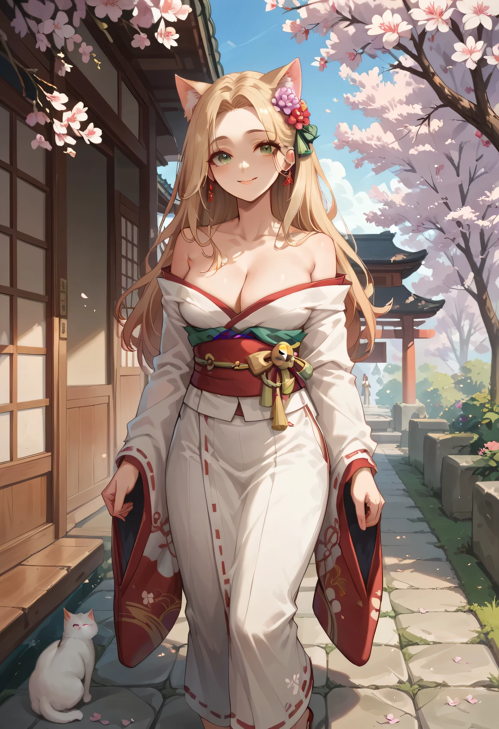 Blond girl in a shrine maiden outfit, long hair, flower in hair, cleavage, Feminine smile, graceful movements, defined curves, cat walking next to her looking up happily, Cherry blossoms, peaceful atmosphere.