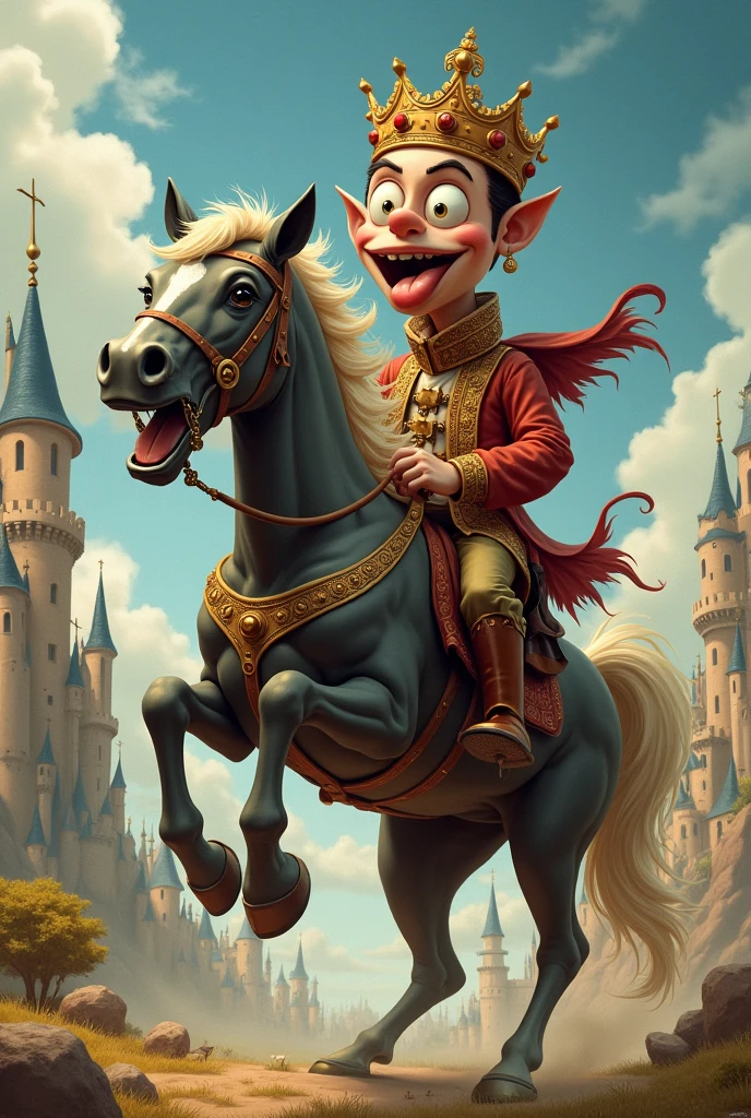 crazy king, Youngh, with crown, cross-eyed, cloused mouth, tongue sticking out, riding the crazy horse, castle in the background