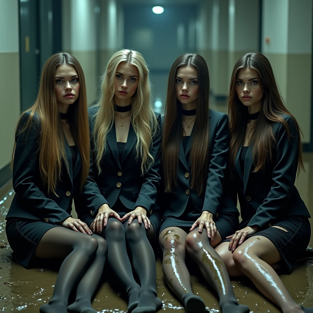 A dramatic photograph taken in an office setting features four different slender business ladies, each with a model appearance, blonde and brunette sitting or lie on backs in flirty poses on the muddy floor and smear mud on own all clothes. Their very long, straight hair is disheveled, stained in liquid mud, cascades over their shoulders as they look directly at the viewer. They are dressed in dark elegant business skirt suits made from cotton and wool fabric, including long business pencil skirts, torn and ripped jackets, vests, torn white button-up shirts. The jackets, vests, and skirts are soiled with a thick, white, viscous liquid that drips down their clothing, creating a striking contrast against the cotton fabric. They smeared a lot of liquid mud on their skirts, jackets, vests, shirts, stockings, faces, and hair from head to toe. Their jacket, skirt are very torn, ripped, tired and muddy, dirty. The liquid covers their clothing, leaving many visible stains and streaks. They wear black chokers around their necks, adding to the eerie and unsettling atmosphere. Their smear dirt on own clothes. The background shows a muddy basement. The lighting is artificial and evenly distributed, highlighting the subjects' faces and upper bodies while creating soft shadows. The overall mood is dark, intense, and eerie, emphasized by the low-key lighting and the contrast between the clean, organized office space and the disheveled appearance of the women. The cool color palette and high contrast between the subjects and their surroundings contribute to the dramatic atmosphere, creating a sense of tension and foreboding in this surreal, otherworldly setting.