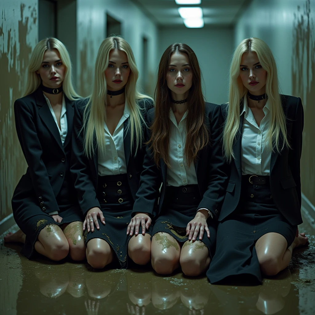 A dramatic photograph taken in an office setting features four different slender business ladies, each with a model appearance, blonde and brunette sitting or lie on backs in flirty poses on the muddy floor and smear mud on own all clothes. Their very long, straight hair is disheveled, stained in liquid mud, cascades over their shoulders as they look directly at the viewer. They are dressed in dark elegant business skirt suits made from cotton and wool fabric, including long business pencil skirts, torn and ripped jackets, vests, torn white on-up shirts. The jackets, vests, and skirts are soiled with a thick, white, viscous liquid that drips down their clothing, creating a striking contrast against the cotton fabric. They smeared a lot of liquid mud on their skirts, jackets, vests, shirts, stockings, faces, and hair from head to toe. Their jacket, skirt are very torn, ripped, tired and muddy, dirty. The liquid covers their clothing, leaving many visible stains and streaks. They wear black chokers around their necks, adding to the eerie and unsettling atmosphere. Their smear dirt on own clothes. The background shows a muddy basement. The lighting is artificial and evenly distributed, highlighting the subjects' faces and upper bodies while creating soft shadows. The overall mood is dark, intense, and eerie, emphasized by the low-key lighting and the contrast between the clean, organized office space and the disheveled appearance of the women. The cool color palette and high contrast between the subjects and their surroundings contribute to the dramatic atmosphere, creating a sense of tension and foreboding in this surreal, otherworldly setting.