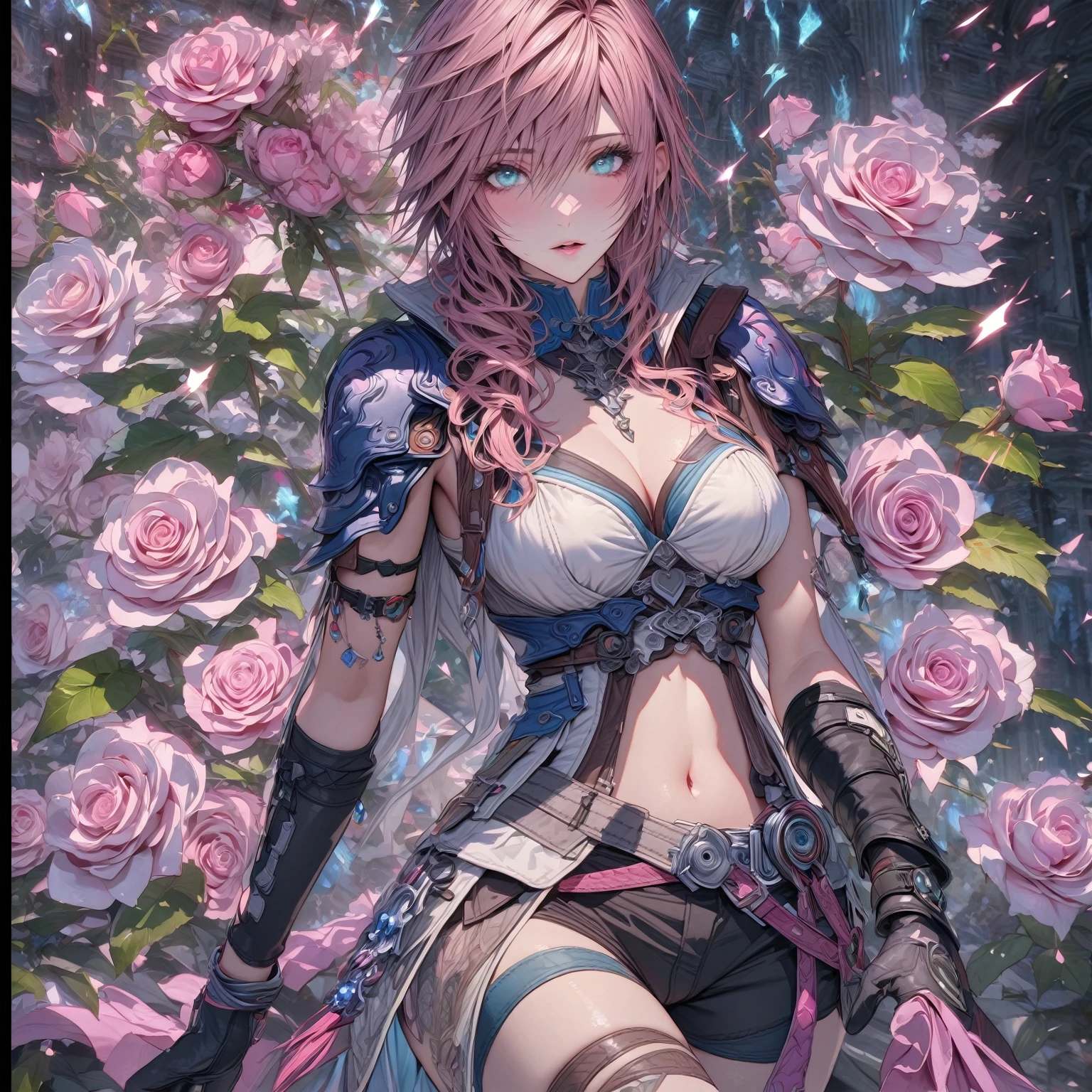 absurdres, highres, ultra detailed, HDR, master piece, Claire Farron, pink hair, short hair, expressive pale aqua eyes, black and white clothes, black long gloves, black pants, Final Fantasy XIII, woman, extremely beautiful, best quality, fantasy, magical, solo, sensual, Lightning Farron, pink roses, glittering