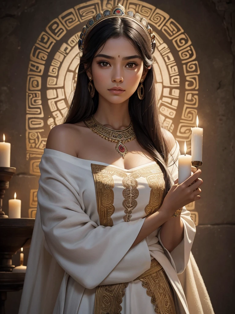 .A detailed and realistic illustration of a woman with both shoulders exposed, leaning slightly forward while holding a candle. Her facial features are distinctly Mayan, with pronounced cheekbones, almond-shaped eyes, and a strong, straight nose. Her long, dark hair flows down her back, framing her face perfectly. She wears a traditional robe with intricate patterns, but the focus is on her face, capturing the beauty and strength of Mayan heritage. The background is a warm, soft gradient that draws attention to her expressive, detailed features. The image should be a masterpiece with every detail meticulously crafted to highlight her Mayan ancestry."
