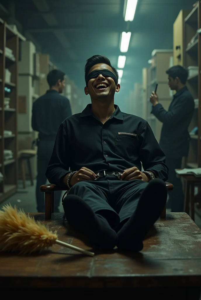Malaysia malay handsome  19 years student 
He laugh very hard
His hand handcuff in  abondon warehouse 
Blindfolded
handcuff
Black Work Outfit
feet on desk
feather duster on desk
Take off shoes on desk 
Black sock  
2 man holding feather duster 

