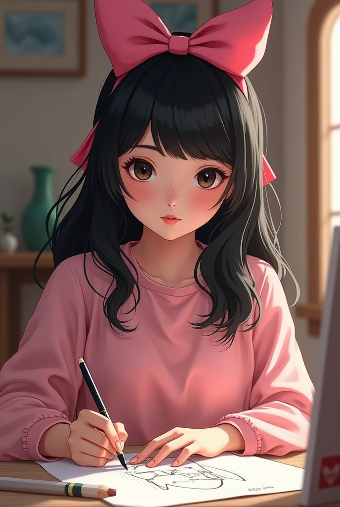 Young woman around 20 years old who is drawing, dresses in pink and wears a pink bow in her black hair that reaches her shoulders. She has bangs and freckles, large dark eyes, light skin, a thin face and expressive gaze.