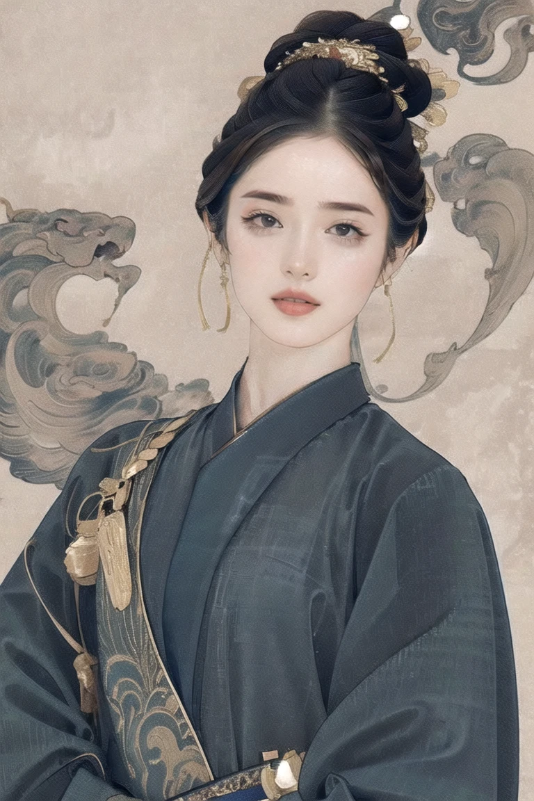 1 girl,origin,Cowboy Shooting,shut up, China dress, A faint smile,, Simple Background,