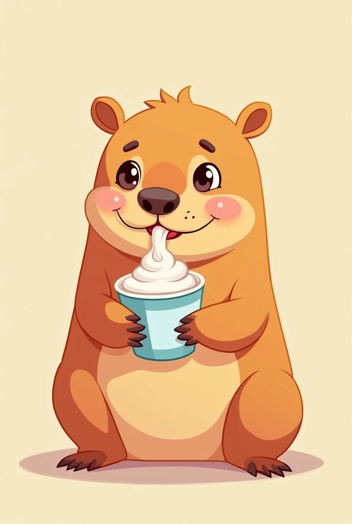 adorable capybara in cartoon form eating yogurt