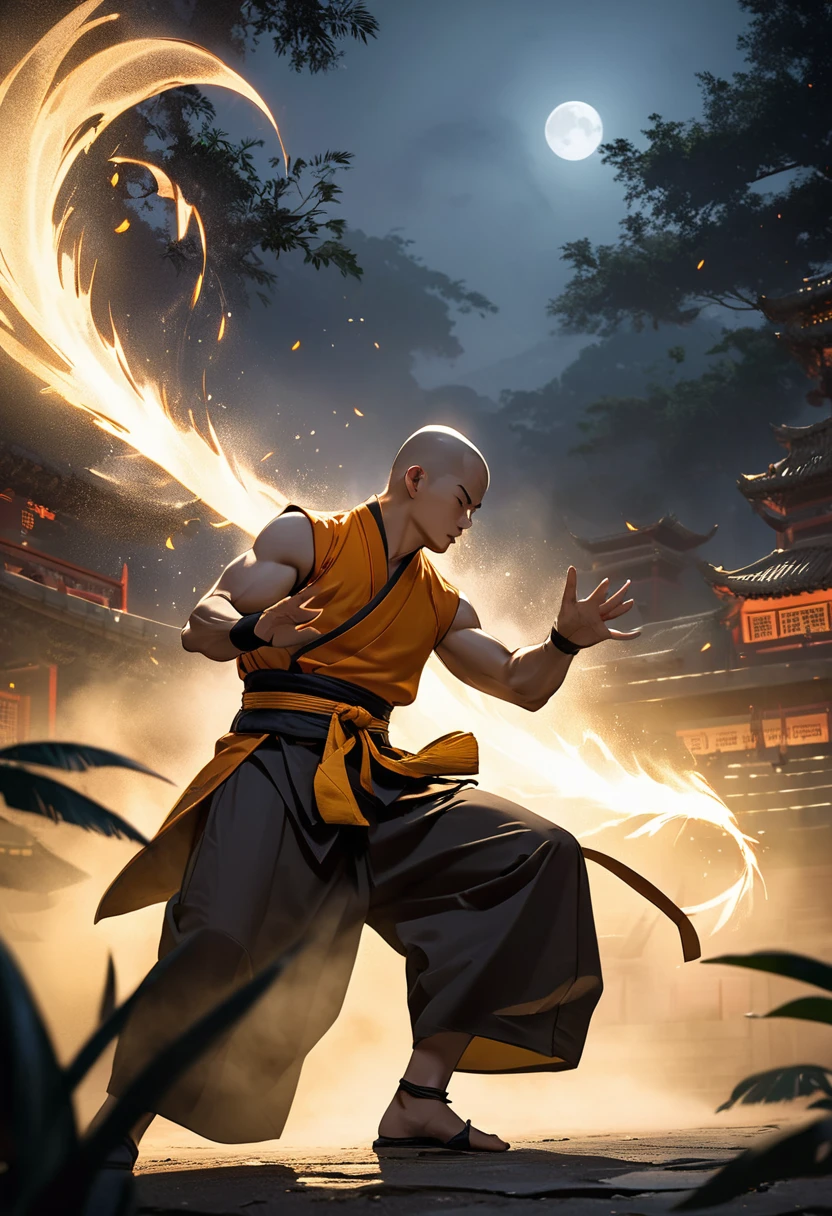 Professional photograph of a Shaolin monk practicing Shaolin Buddha Palm martial arts on temple grounds, It looks very intense, The night atmosphere is illuminated by moonlight, Mist covers the ground.