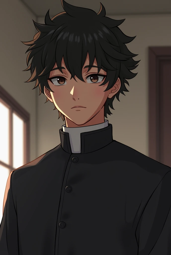 A teenager of approximately , with a moderately defined jawline, with straight hair on the sides and curly on top, short and black, brown dark eyes, fair brown-skinned, he is wearing a priestly cassock