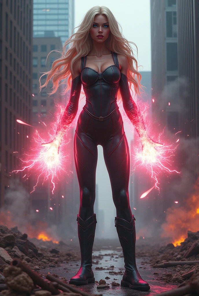 Full body image of an Evil teenage girl with immense power. Blonde hair and blue eyes, long legs, and glossy pink lips curled into a sadistic smile as she devastates Detroit with overwhelming energy blasts.