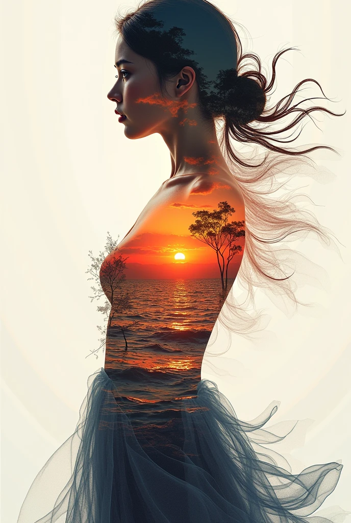 high qualiy, 8k Ultra HD, Uma linda Double exposure que combina uma silhueta de deusa com costa ao pôr do sol, the coast at sunset should serve as a backdrop, with its details incorporated into the goddess, Sharp lines, The background is monochromatic, sharp focus, Double exposure, By Yukisakura, stunning full colors.