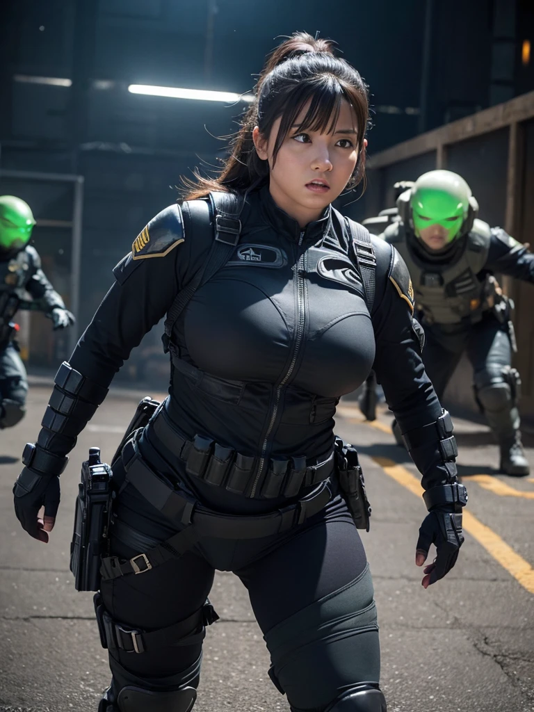 A woman in combat gear fighting aliens,Plump,