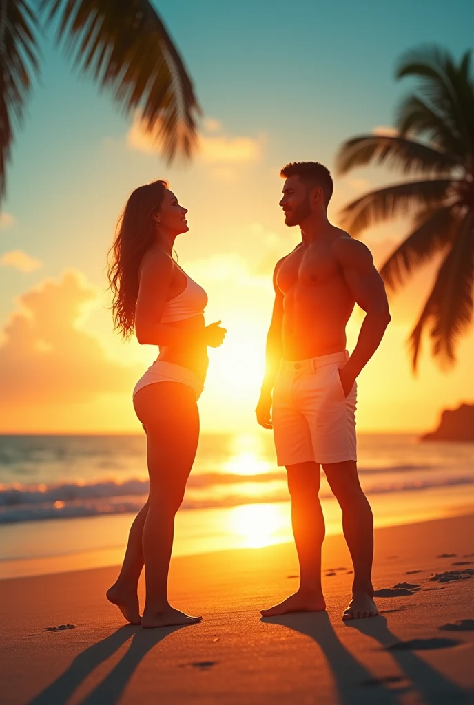 Create a vibrant and inspiring image for the pre-launch of a natural weight loss supplement campaign, aimed at Projeto Verão. The image must feature a prominent countdown, with a background that refers to summer (such as a beach at sunset with palm trees), warm and attractive colors such as yellow, orange and blue. Include the text ‘The secret to a summer body is coming!’ in a sleek, modern font. Add a physically fit feminine and masculine silhouette, like soft shadow, suggesting transformation. Highlight the SR Suplementos logo in a discreet but visible position. The design should be optimistic, vibrant and convey energy and confidence., Minimalism, Realism, UHD, highres