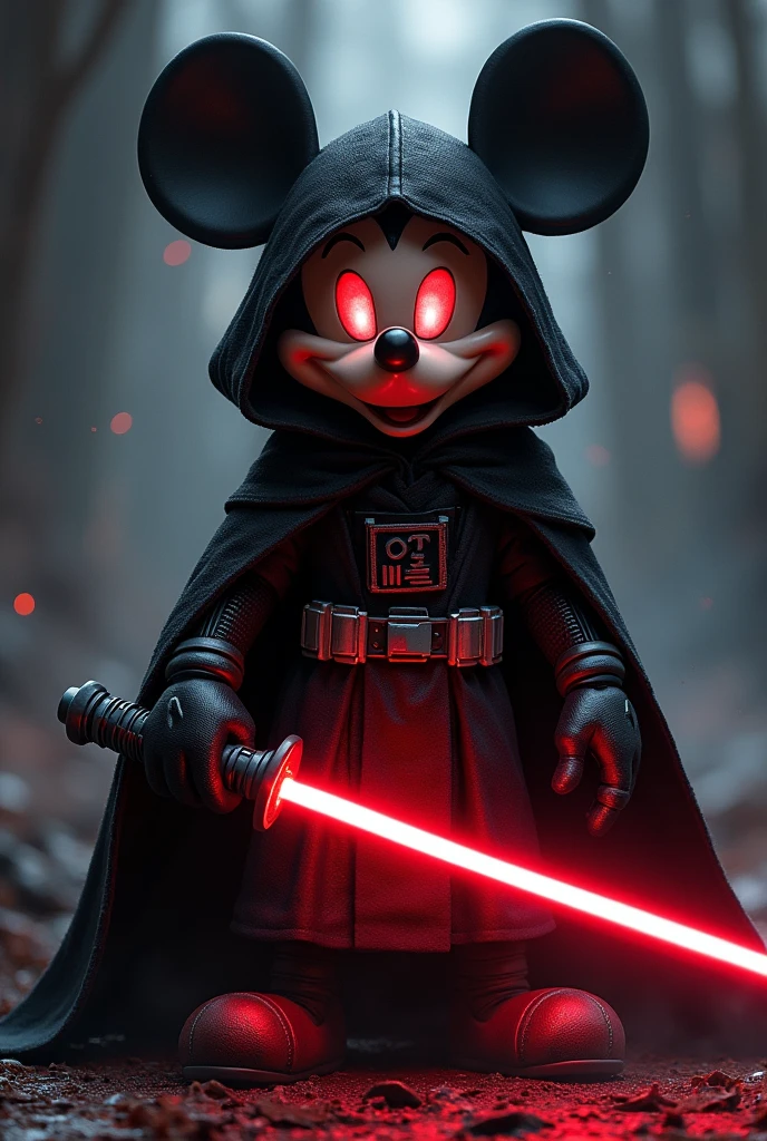 A dark fantasy character mickey mouse, dressed in a black, flowing Sith robe of star wars with intricate detailing. The mouse's large, round ears stick out slightly from beneath the hood, and its eyes glow a menacing, fiery red. The character wields a red lightsaber, the blade casting an ominous glow on its black gloves and robe. The mouse stands in a powerful pose, surrounded by swirling dark energy, in a shadowy, cosmic environment with distant stars faintly visible. The atmosphere is filled with tension, as if the character is preparing for an epic battle