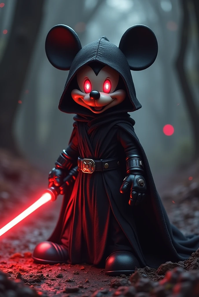 A dark fantasy character mickey mouse, dressed in a black, flowing Sith robe of star wars with intricate detailing. The mouse's large, round ears stick out slightly from beneath the hood, and its eyes glow a menacing, fiery red. The character wields a red lightsaber, the blade casting an ominous glow on its black gloves and robe. The mouse stands in a powerful pose, surrounded by swirling dark energy, in a shadowy, cosmic environment with distant stars faintly visible. The atmosphere is filled with tension, as if the character is preparing for an epic battle