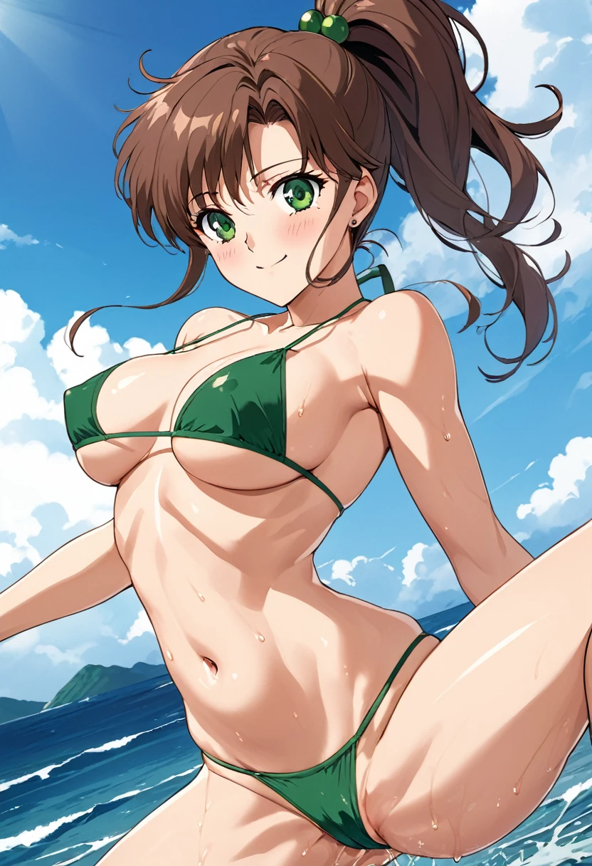 Highest quality, Great quality, 16K, Unbelievably absurd, Very detailed, 2.5D, delicate and dynamic, (Makoto Kino),blue sky, Small face, Delicate eye depiction, Very Fine Hair, erotic, sexyな女性,((sex)),Healthy body shape, Swimwear,Green Micro Bikini、(Green T-back),smile、 height: 175cm, Brown Hair,ponytail、 sexyな長い脚, Abdominal muscles,Glowing Skin, The background is the sea ,1990s \(style\),、(E-cup beautiful breasts)、Muscular、sexy,Cinema Lighting, (完璧なGlowing Skin:0.6),Always high quality CG Unity 8K wallpapers,Anime-style painting style,(nsfw,hentai,bitch:1.5),（Perverted scenes of men and women having sex）,(One Man and One Woman)、(A face writhing in pleasure)、Shy expression,The whole body is covered in sex fluids、Sweaty