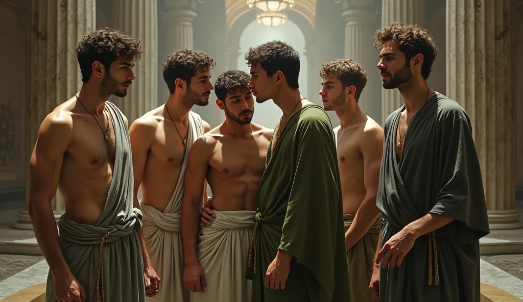 **Image Prompt: Secret Society of Stoic Philosophers**
Inside a grand marble hall, six young Stoic philosophers, exclusively male, gather in a secret society. The setting is opulent, featuring marble columns and walls that reflect the heat and humidity of the space, which also functions as a steam sauna.
Each philosopher is distinct and attractive, with varied features and well-proportioned, elegant bodies. They wear tunics of different styles and colors—some short, others fitted—all with a sensual shoulder cut-out. The tunics vary in texture and stitching details, ranging from gray to olive green, accented with subtle gold and copper.
In the scene:
- **Two philosophers** are embraced, whispering intimately to each other.
- **The other four philosophers** exchange seductive glances, creating an atmosphere of intrigue and subtle tension.
All are visibly sweating due to the intense heat, with their clothes showing clear signs of perspiration. The scene captures the heat, sensuality, and complexity of their interactions, with lighting highlighting the contrasts of light and shadow.