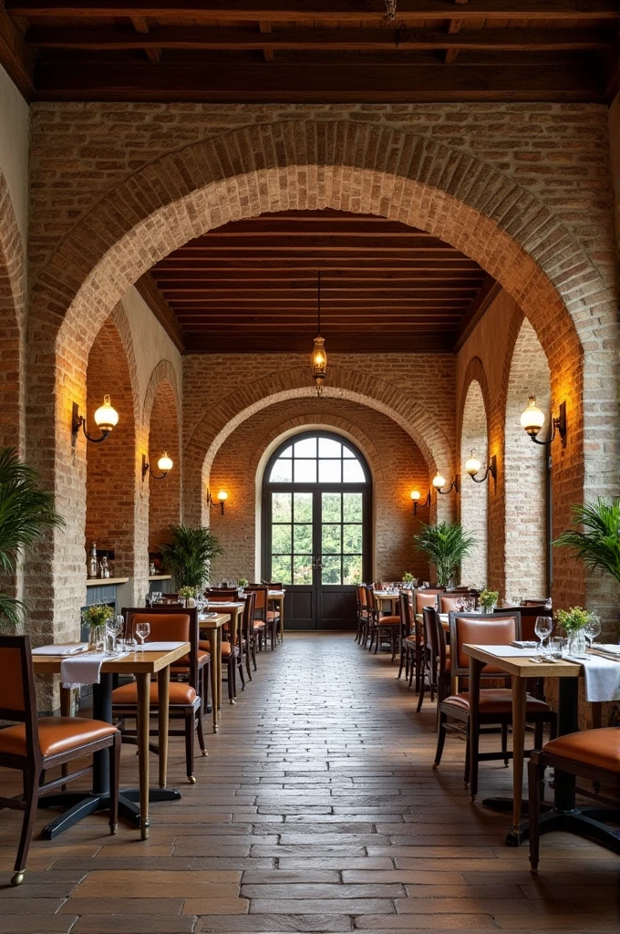 Make me a restaurant that includes stone arches, High ceilings with exposed wood beams and exposed brick walls.