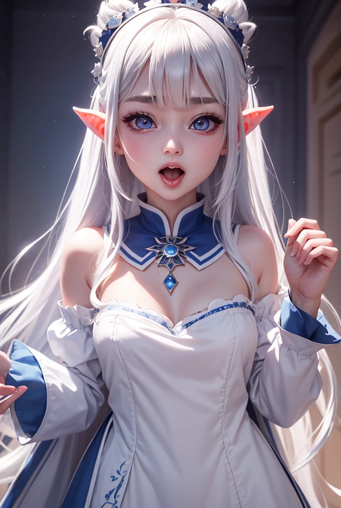One girl, Long Hair、White Hair、Silver Hair.ギザギザなteeth.
Princess Teresa,White skin, large breasts, Pointy Ears, Blushing, masterpiece, とてもLong Hair, Gray Hair, Sparkle Effect, Background blur, Lady wearing a white dress、Princess Teresaは幽霊でギザギザなteethを持つ舌の長い巨胸な令嬢です。poses shyly with tongue out、White wax skin、Pale background、Dark room bed tongue, teeth, Sticking out tongue, Red colored eyes, saliva, Blue Mouth、Inky、Lens flare, masterpiece, Gaze, Bangs between the eyes, Female monster