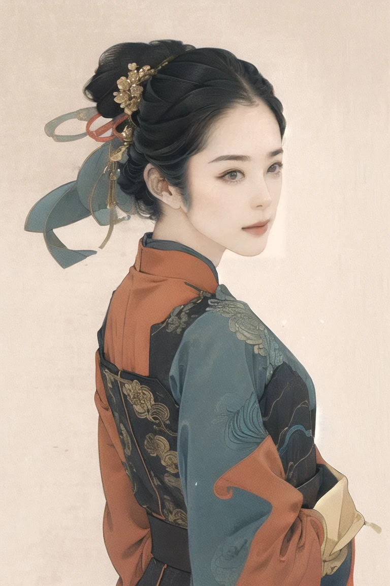 1 girl,origin,Cowboy Shooting,shut up, China dress, A faint smile,, Simple Background,