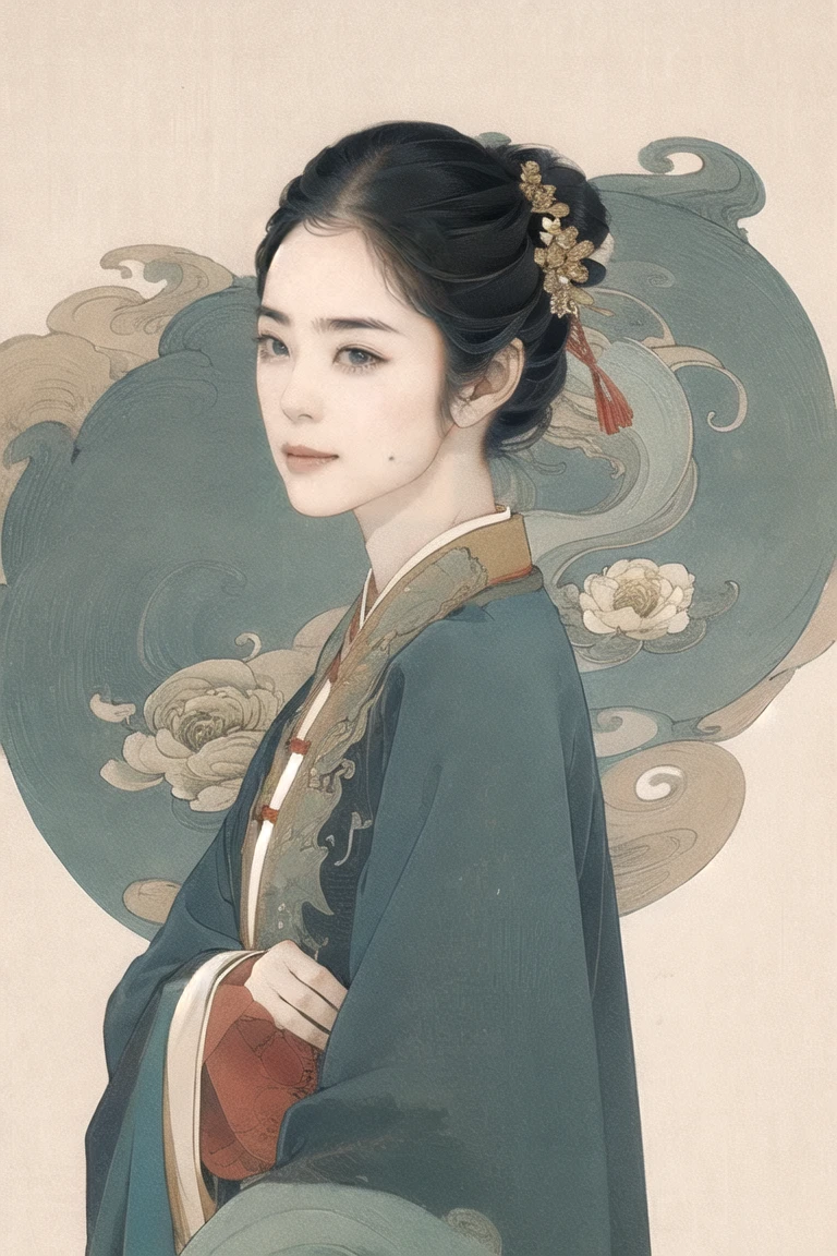 1 girl,origin,Cowboy Shooting,shut up, China dress, A faint smile,, Simple Background,