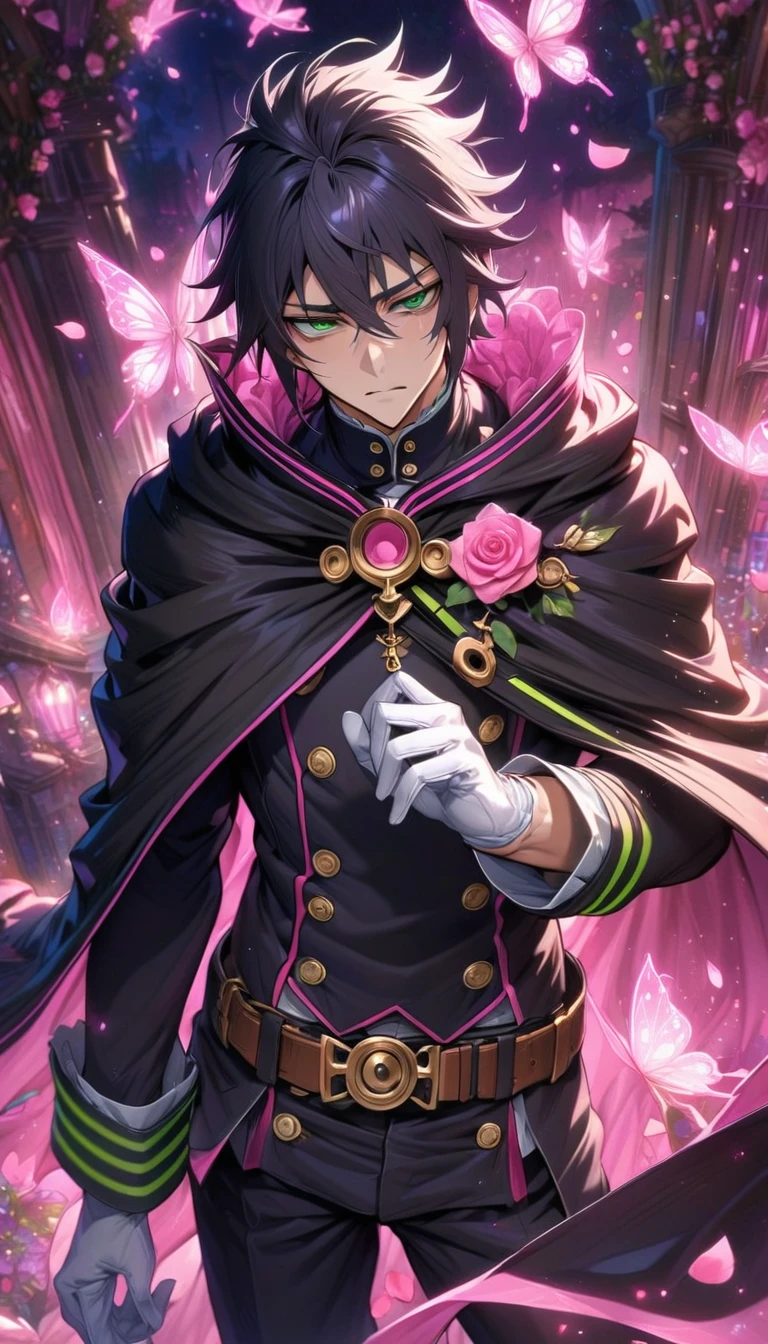 absurdres, highres, ultra detailed, HDR, masterpiece, extremely detailed, detailed eyes, detailed face, Hyakuya Yuuichirou, black hair, expressive green eyes, Owari No Seraph, solo, sexy man, adult face, mature man, handsome, sensual, black clothes, black cape, white gloves, long sleeves, brown belt, pink roses, pink petals, fantasy, magical, pink moon, pink glittering butterflies, pink round lights