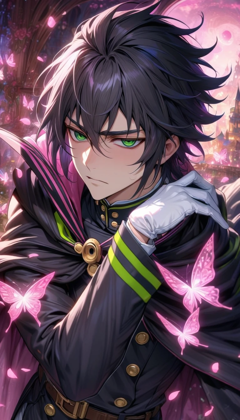 absurdres, highres, ultra detailed, HDR, masterpiece, extremely detailed, detailed eyes, detailed face, Hyakuya Yuuichirou, black hair, expressive green eyes, Owari No Seraph, solo, sexy man, adult face, mature man, handsome, sensual, black clothes, black cape, white gloves, long sleeves, brown belt, pink roses, pink petals, fantasy, magical, pink moon, pink glittering butterflies, pink round lights
