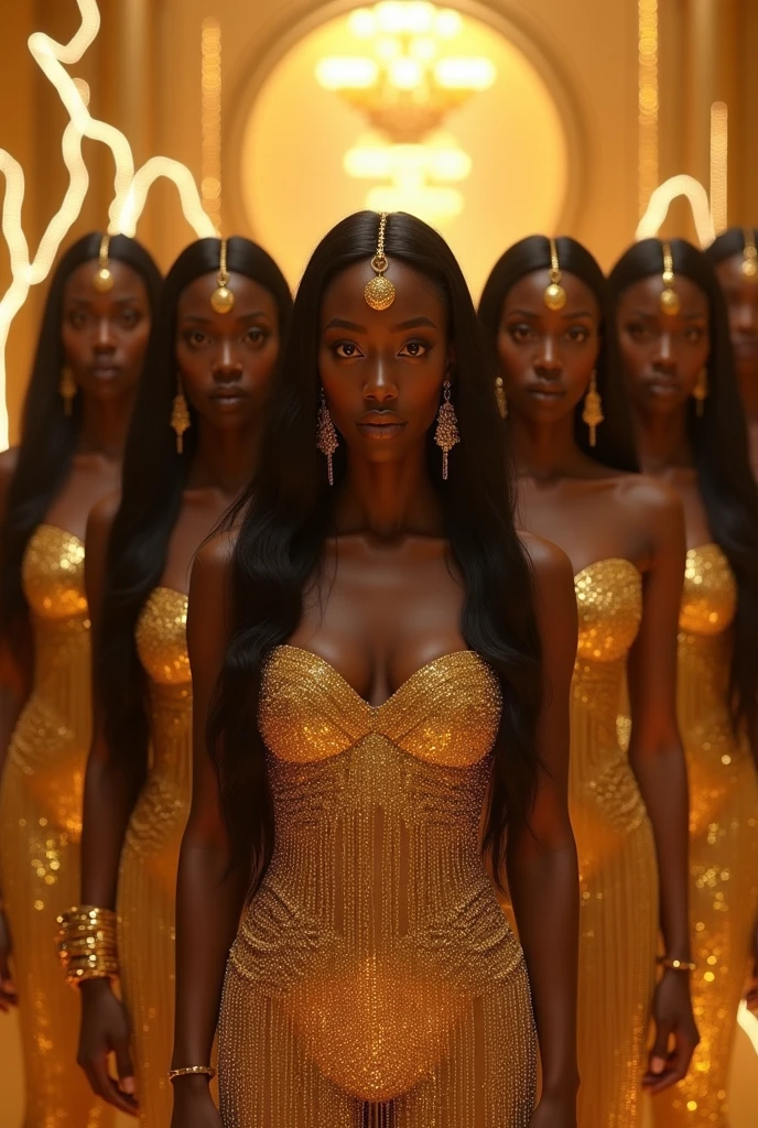 8 Black women in a golden and black hall. Upper Body encrusted in gold. Golden eyes. Sultry look. Long black hair that reaches her feet. Golden beads on head that reaches her forehead. Long golden earrings. Full Finger Chinese style gold rings. Filled with golden lightening. Ultra high quality.
