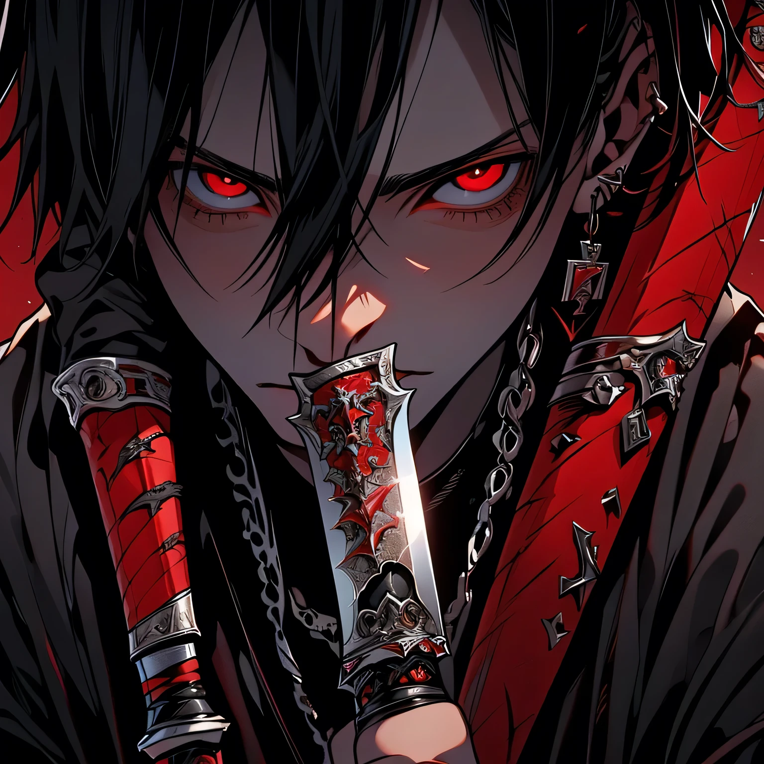 masterpiece, best quality:1.2), masterpiece, high quality, beautiful graphics, high detail, ultra detailed, cinematic lighting, HDR, ilustration, Man design, anime 4k, two knifes in hand, black hair, red eyes, cloth red, dark, serious, poor man, devil may cry, medieval era, assasin, no armor, weak