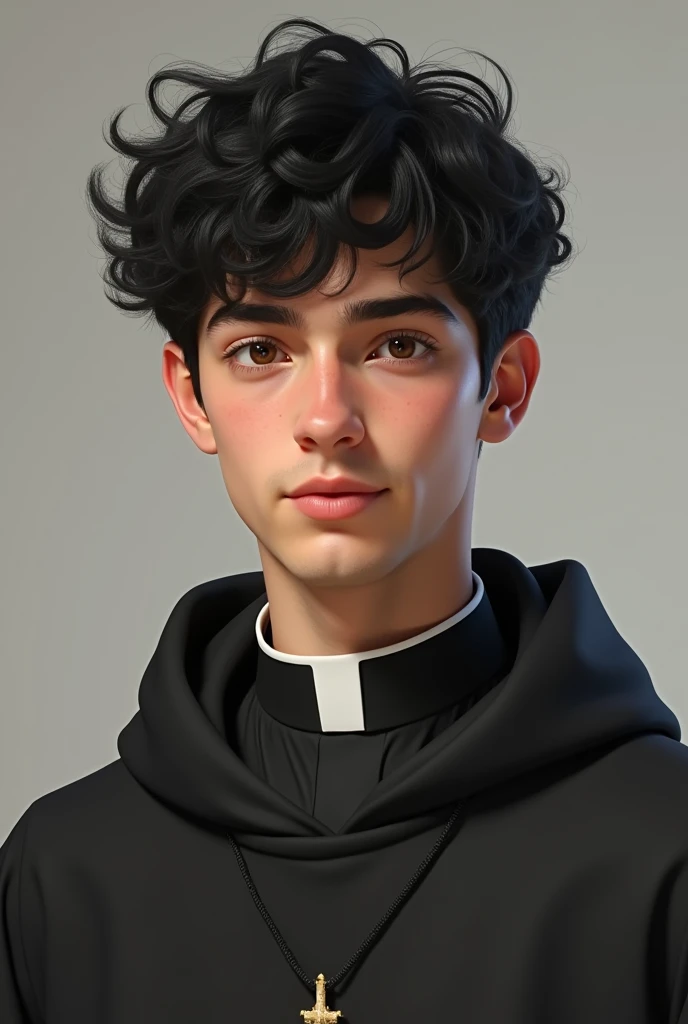 A teenager of approximately , with a moderately defined jawline, with straight hair on the sides and curly on top, short and black, brown dark eyes, fair brown-skinned, he is wearing a photo realistic priestly cassock