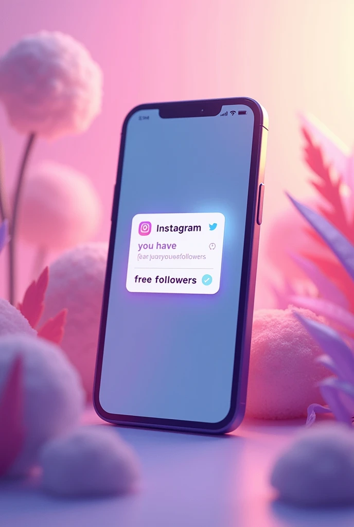 A YouTube thumbnail illustration of a smartphone screen. The screen shows the Instagram app, with a notification that says "You have freefollowers!". There is a blue checkmark next to the followers count. The background is a gradient of pink and purple. The overall image has a soft, glowing effect.
