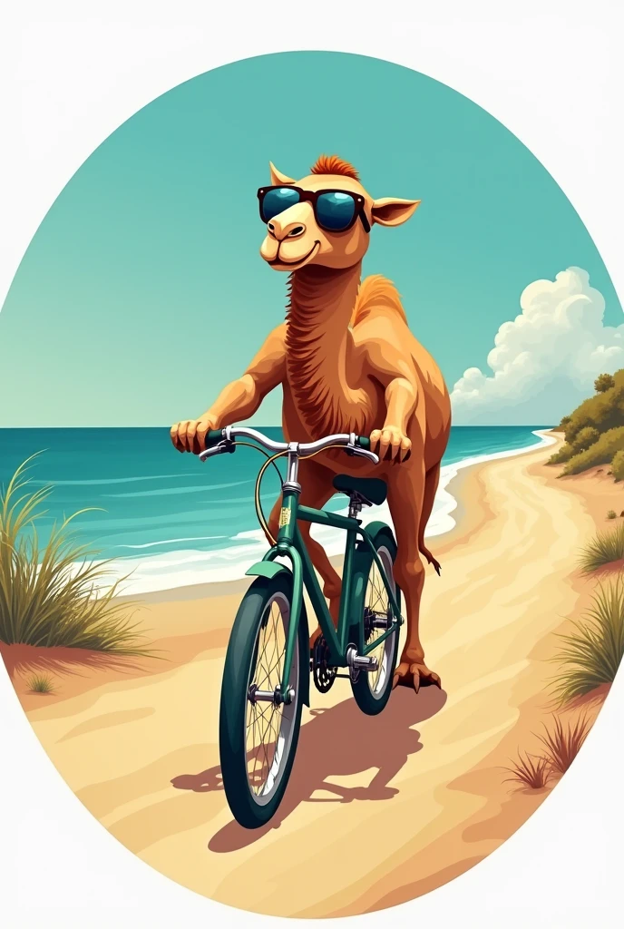 create a circle-shaped brand and inside it have an image of a camel wearing sunglasses and riding an old bicycle down a dirt road surrounded by beach sand and the blue sea in the background 
 

