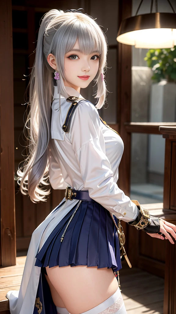 woman portrait、best quality、Random Angle、8K, Clear, Delicate skin、Clear, beautiful eyes、The beauty of a smile、明亮beauty的脸庞、whole body、curls、My hair was messed up by the wind、(Attractive muscle、High target),(fashionable_Predominant, fashionable Predominant), beauty,( Looking at the audience),Practical, high resolution, Soft Light,1 female, one person,Blonde Hair,Ponytail,Bangs,Delicate skin, Naughty look,((steampunk armor、Houndstooth)),Steampunk girl、An outfit adorned with lots of gear and watches,(Silver purple stripes,Lead sailor style armor)、beauty的蒸汽朋克公会职员服装银行家,(Silver purple machinery, High-tech mech,bead,Elbow gloves,gem,White dress shirt,Jeweled Short Tie,Steampunk body stockings,High Legs)、((Put your hands behind your back)),(Bokeh),(Studio Lighting),Black leather skirt,Garter,