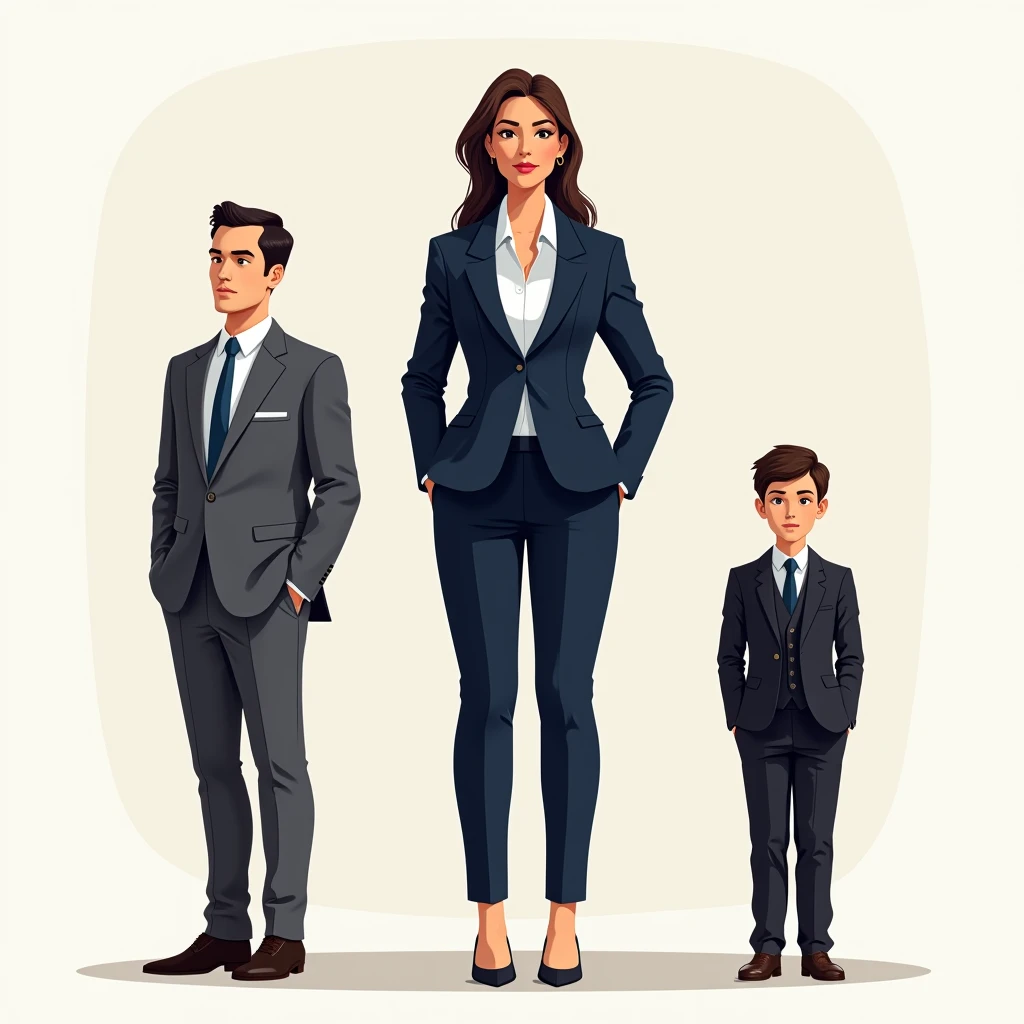 Create a hyper-realistic illustration of three individuals standing side by side. In the center is a woman who is 8 feet tall, wearing a navy blue business suit with a white shirt, standing straight and confident with her hands by her sides. To her left is a man who is 6 feet tall, wearing a gray business suit and a blue tie, standing straight with one hand in his pocket. To her right is a young boy who is 4 feet tall, dressed in a black suit with a vest and tie, standing with his hands in his pockets. The image should emphasize the significant height differences and the professional attire of each person, capturing a formal and poised tone.