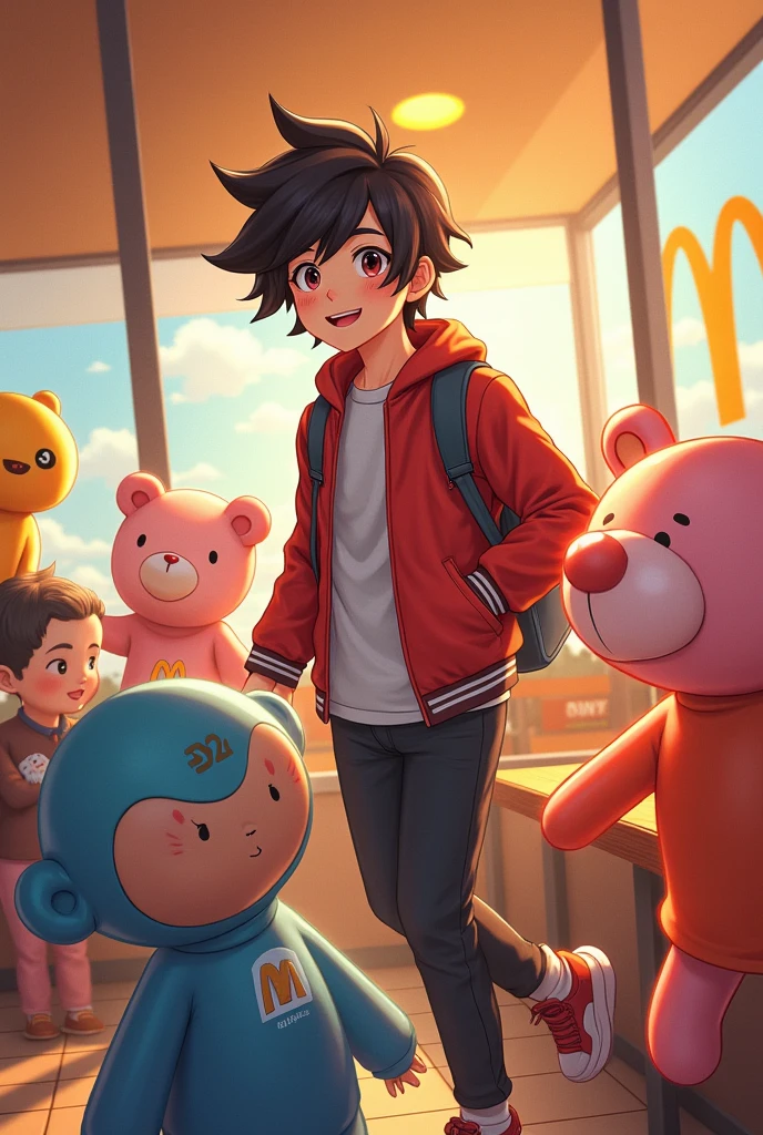 Create an image where a with dark brown hair is at McDonald's with the bt21
