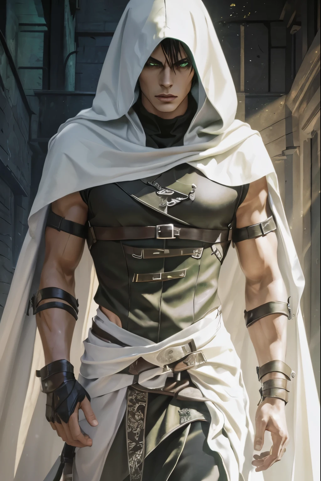 (an androgynous male assassin:1.1),wild black hair,green eyes,slim,black assassin clothing,in a castle,medium:oil painting,detailed background,moody lighting,vivid colors,dark and mysterious ambiance,ominous atmosphere