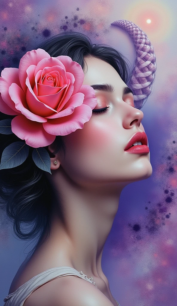 A mesmerizing, hyperrealistic oil painting of a woman's face, adorned with a vibrant, delicate rose. Her eyes are closed, lost in the beauty of the moment. The background features a swirling windlass and whirlpool, with a surreal landscape of purple spots and a sand wall. The composition has an air of minimalism, with sparse elements and minimal color. A black-and-white neon splash adds a touch of contrast to the vibrant colors. The artwork is inspired by the daily theme of a woman's face and rose and is a fragment of an airbrush sketch, created in a stop motion, freeze frame style. The volumetric lighting enhances the depth and texture of the piece, evoking a sense of movement and grace, as if the woman is performing natural magic.