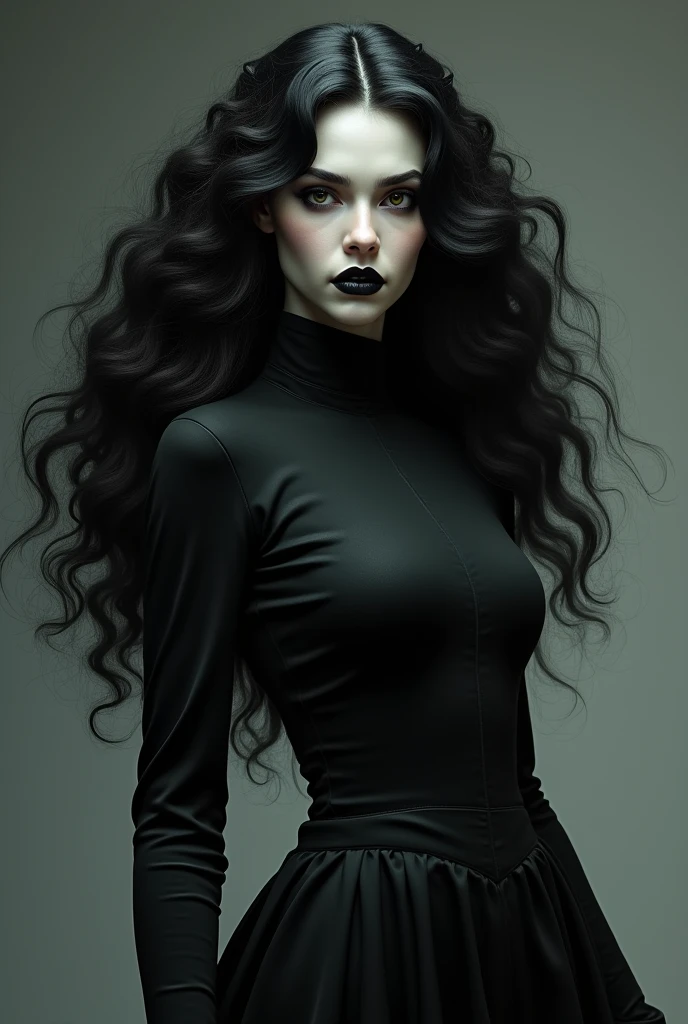 Latina pale female vampire clan Tzimisce with voluminous curly hair wearing a long black dress with a high collar with long sleves dark brown eyes with a slight dark circle underneath